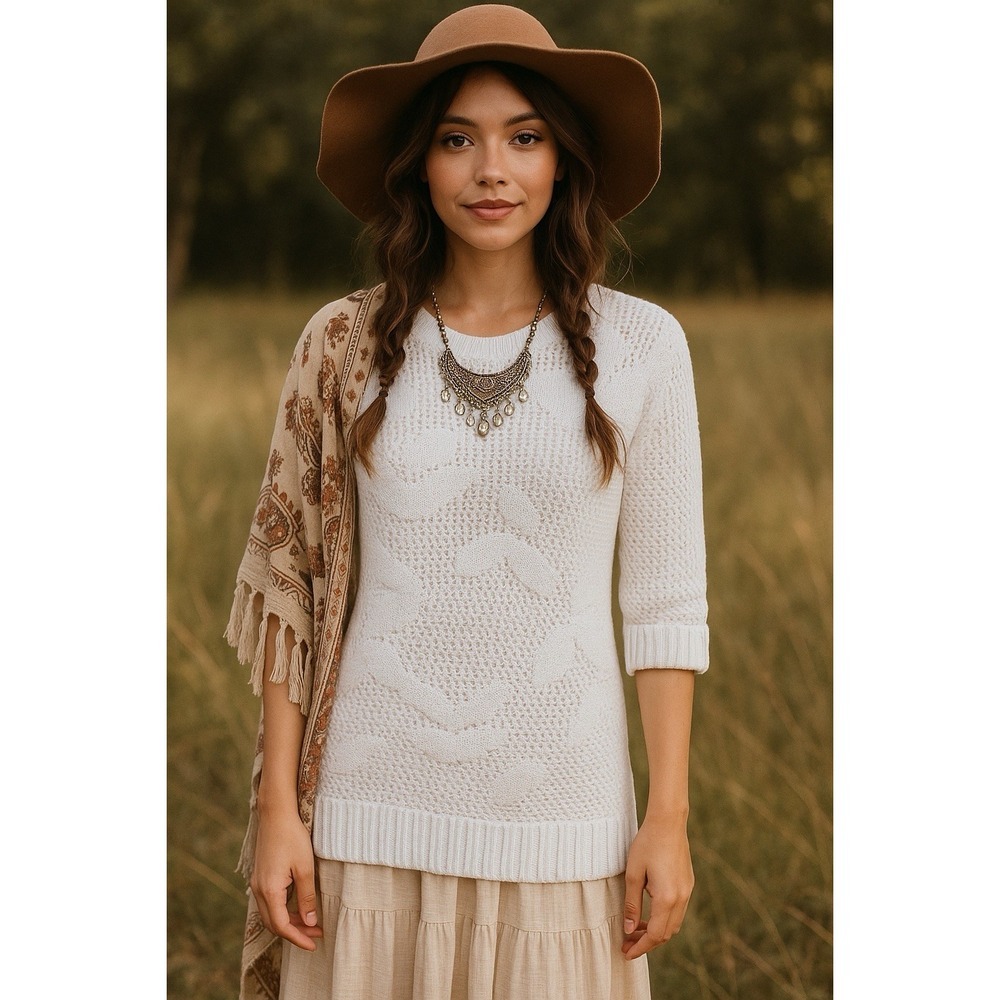 Christopher & Banks Navy and White 3/4th Length Sleeve Sweater Small Bohemian